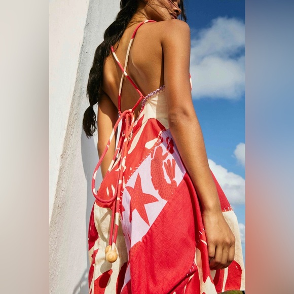 Farm Rio NWT Mixed Red Monstera Asymmetrical Midi Dress size S - Picture 4 of 7